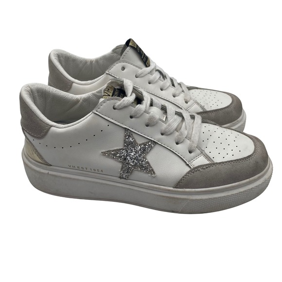 Vintage Havana Shoes - GUC Vintage Havana White Leather‎ Silver Glitter Star Platform Sneakers Womens 7
